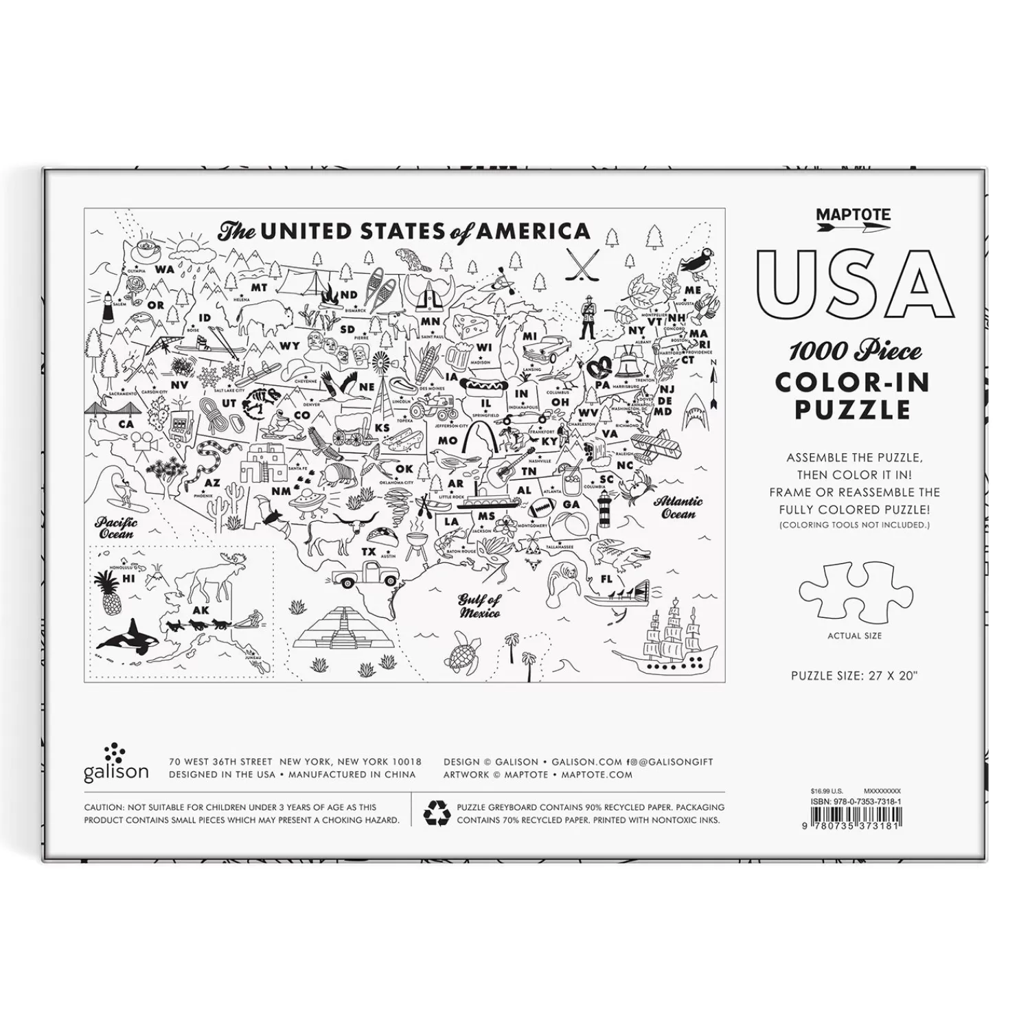 1000 Piece Puzzles*Galison Maptote Usa Color-In 1000 Piece Puzzle