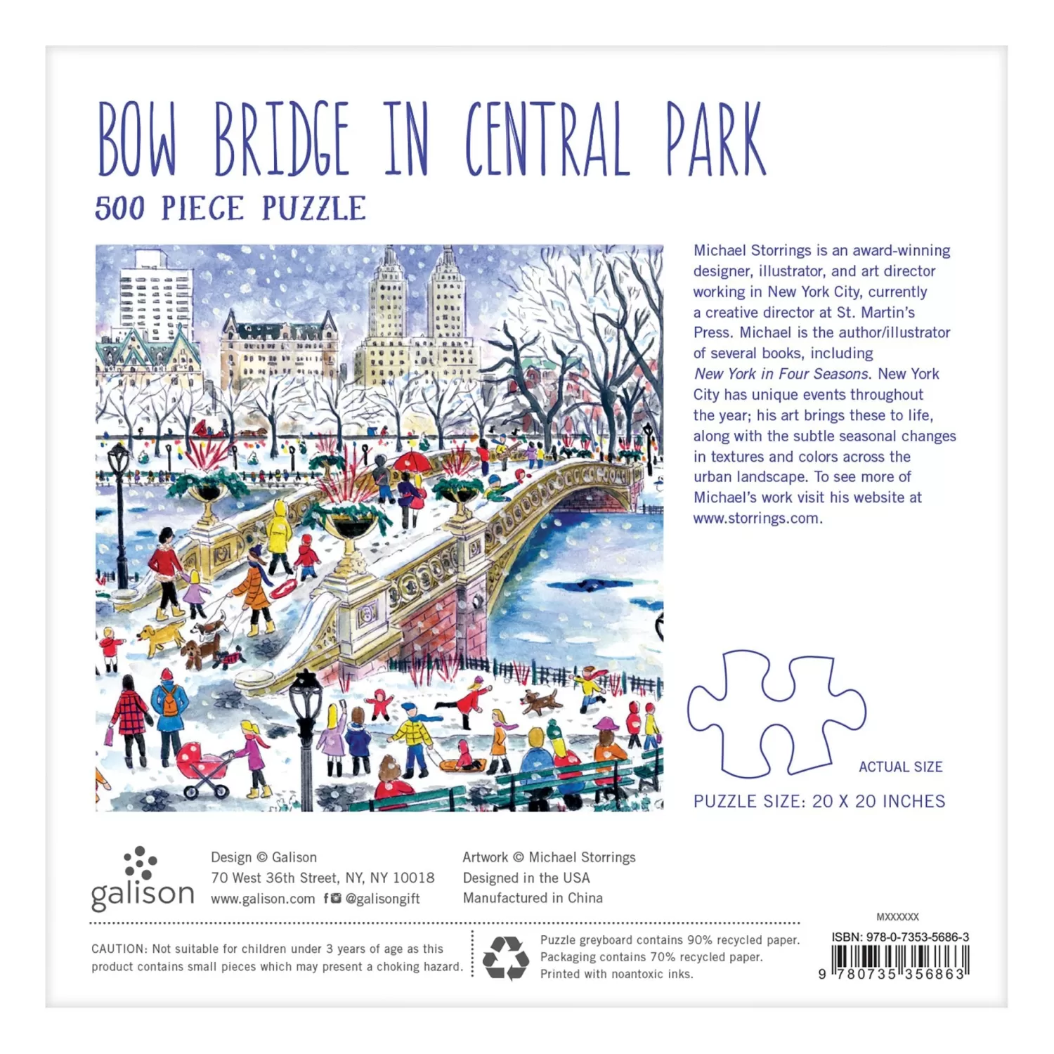 500 Piece Puzzles*Galison Michael Storrings Bow Bridge In Central Park 500 Piece Jigsaw Puzzle