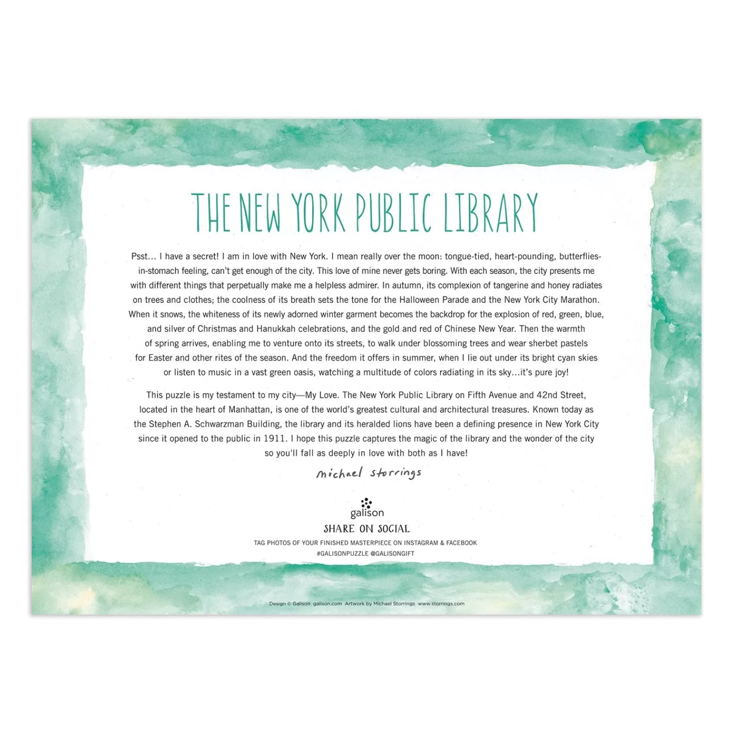 1000 Piece Puzzles*Galison Michael Storrings New York Public Library 1000 Piece Jigsaw Puzzle